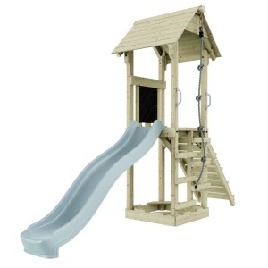 OutdoorToys Spielturm Lillehammer in Eisblau mit Rutsche, Kletterseil und Leiter.