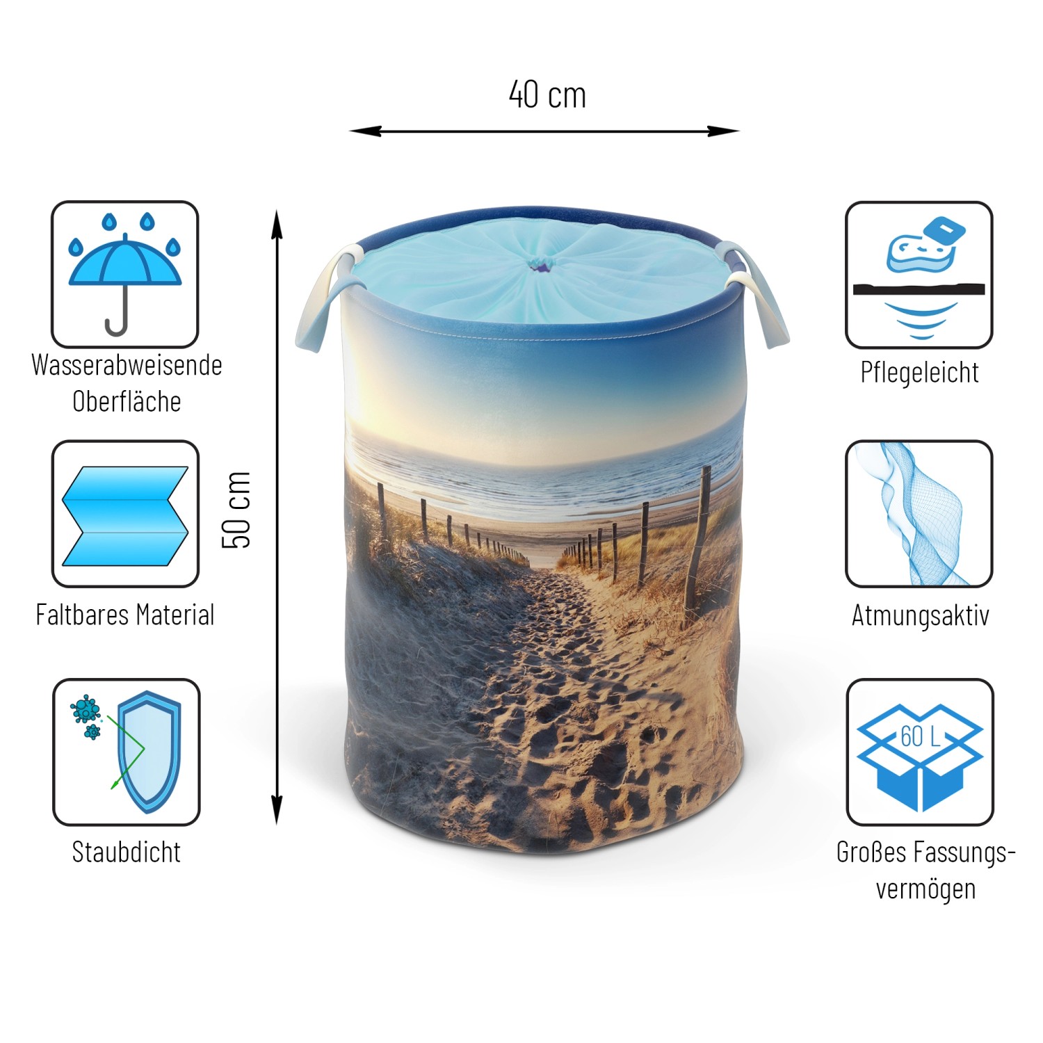 SANILO Wäschekorb Düne mit Strandmotiv, faltbar, 60 Liter Fassungsvermögen.