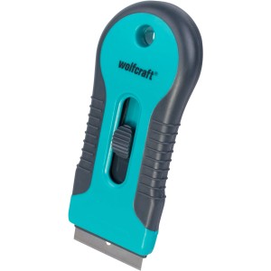 wolfcraft Kunststoffschaber 2K, blau-grau, mit Schieber und Klinge für Ceranfelder und Fliesen.