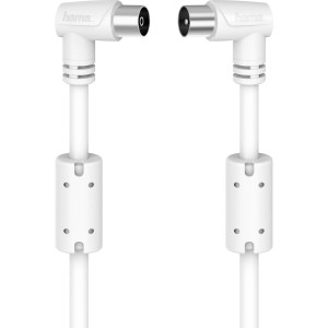 Weißes Hama Antennenkabel, Koax-Stecker/Kupplung, 90° Winkel, 3m, für Audio- und Videoübertragung.