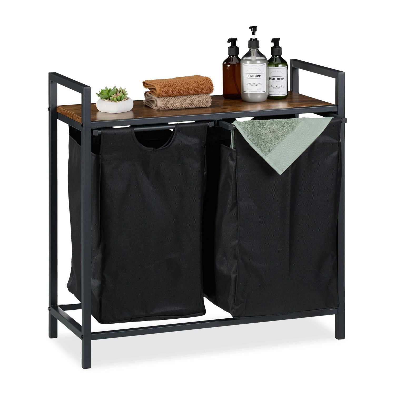 Relaxdays Wäschekorbregal Metall Schwarz Dunkelbraun 72 cm x 73 cm x 33 cm
