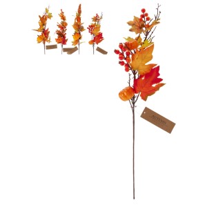 Künstlicher Herbstzweig mit naturgetreuen orange-roten Blättern, roten Beeren und kleinen Kürbissen.