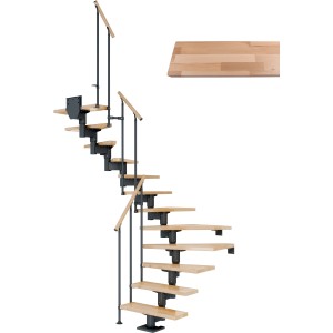 Dolle Mittelholmtreppe Cork, Buche/Anthrazit, 1/2 gewendelt, 75cm breit. Innentreppe mit Holzstufen und Metallgeländer.