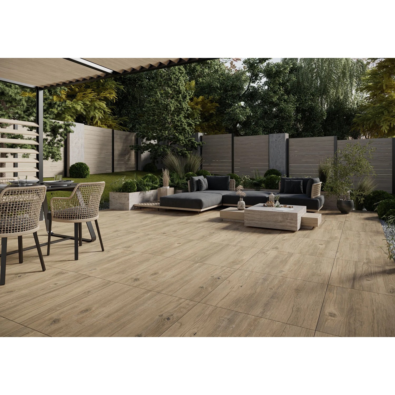Cersanit Terrassenplatten Wood Moments hellbraun auf Terrasse mit Gartenmöbeln.