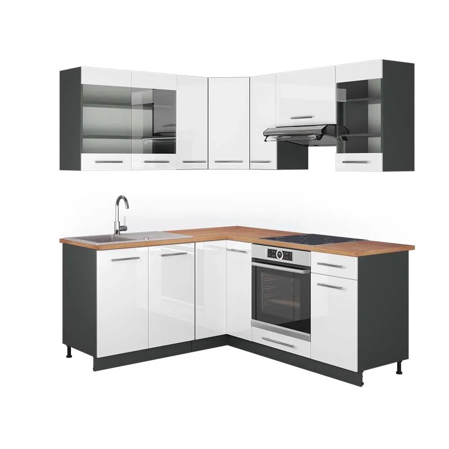 Vicco Eckküche Fame-Line Weiß Hochglanz/Anthrazit 190 x 82, AP Eiche