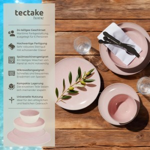Rosa Tectake Tafelservice Mare für 6 Personen, handgefertigt aus Steingut. Geschirrset mit Tellern und Schüsseln im maritimen Design.