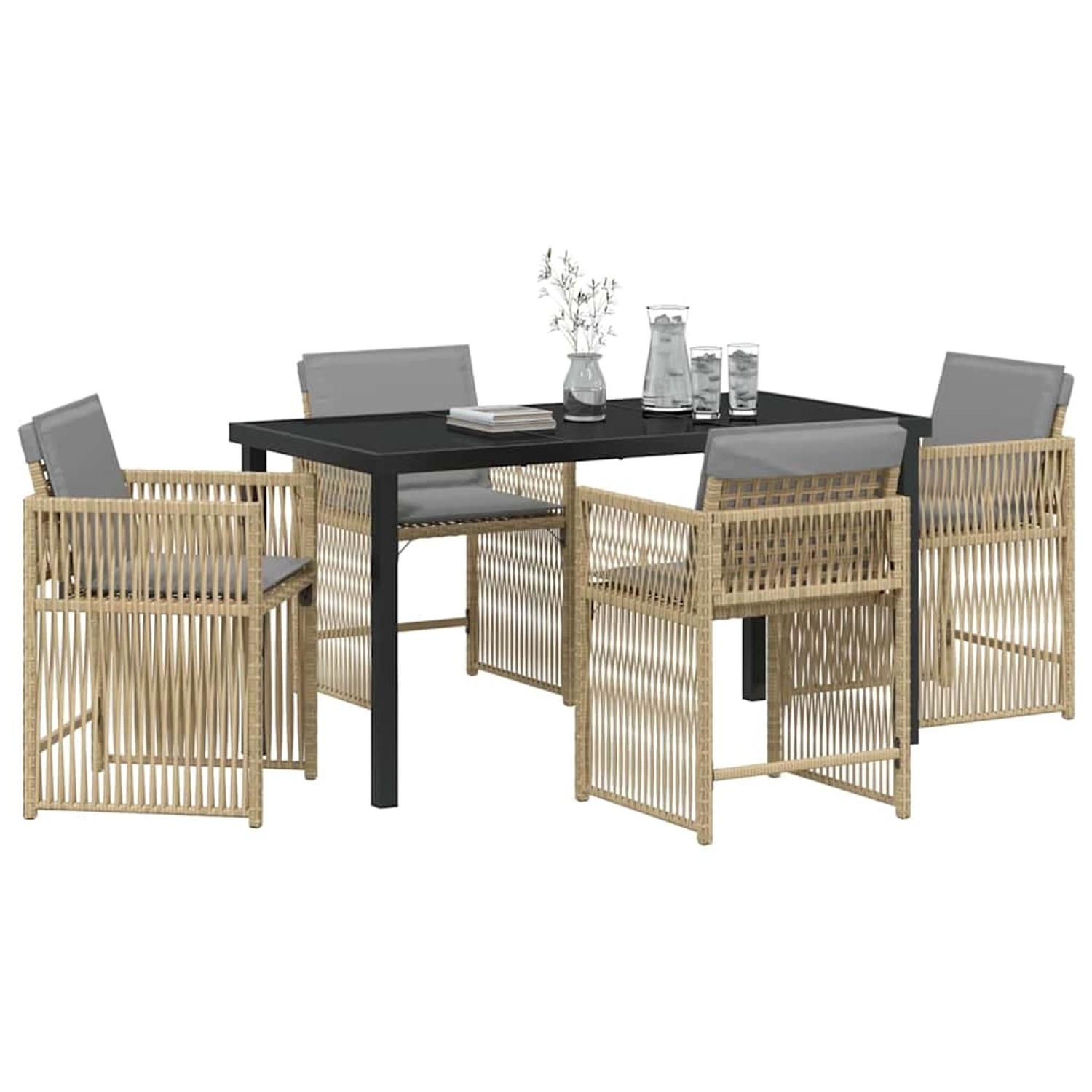 Beige 5-tlg. vidaXL Garten Essgruppe aus Poly Rattan mit Tisch und 4 Stühlen.