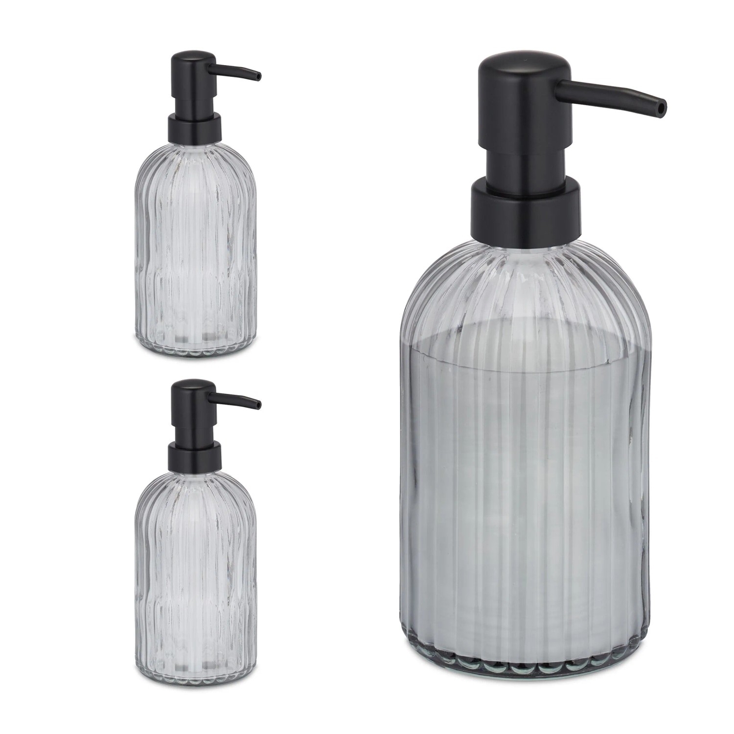 Relaxdays Seifenspender 3er Set Glas Transparent Nachfüllbar 19 x 9 x 7 cm