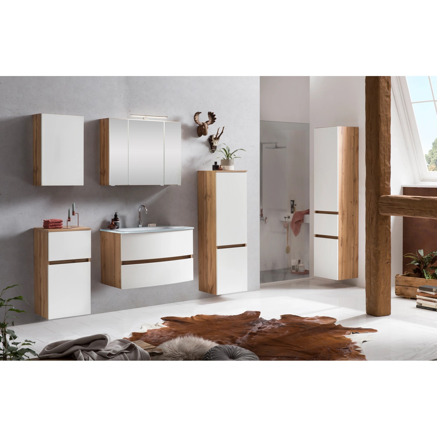 Held Möbel Hochschrank Salerno, 40 cm, matt Weiß-Wotaneiche, Badmöbel