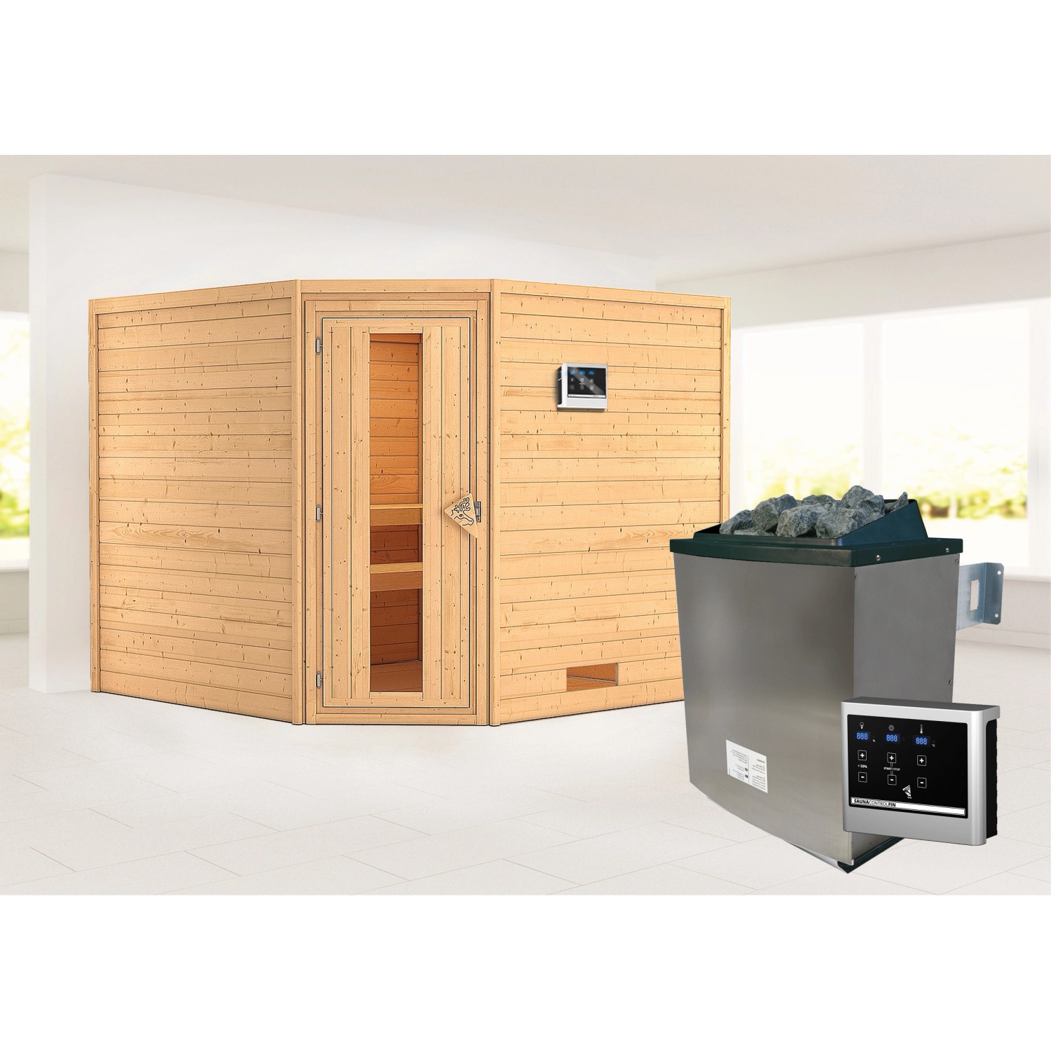 Karibu Sauna Leona mit Ofen externe Stg.Easy Natur