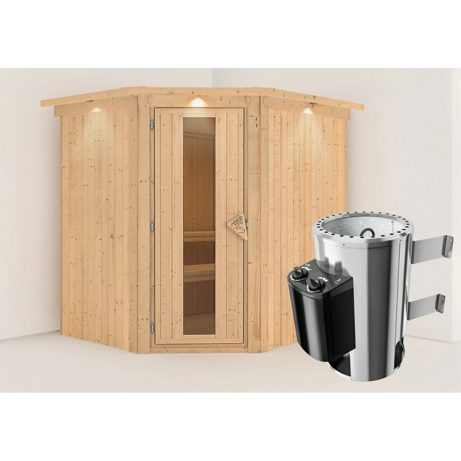 Karibu Sauna Livia mit Ofen integrierte Stg.LED-Dachkranz Natur