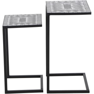 Siena Garden Beistelltisch-Set Como, 2 graue Tische mit Mosaikmuster und schwarzem Stahlgestell.