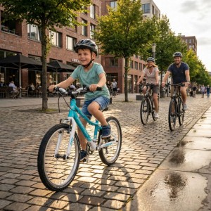Kind fährt blau-weißes PROMETHEUS 20 Zoll Fahrrad. Familie im Hintergrund.