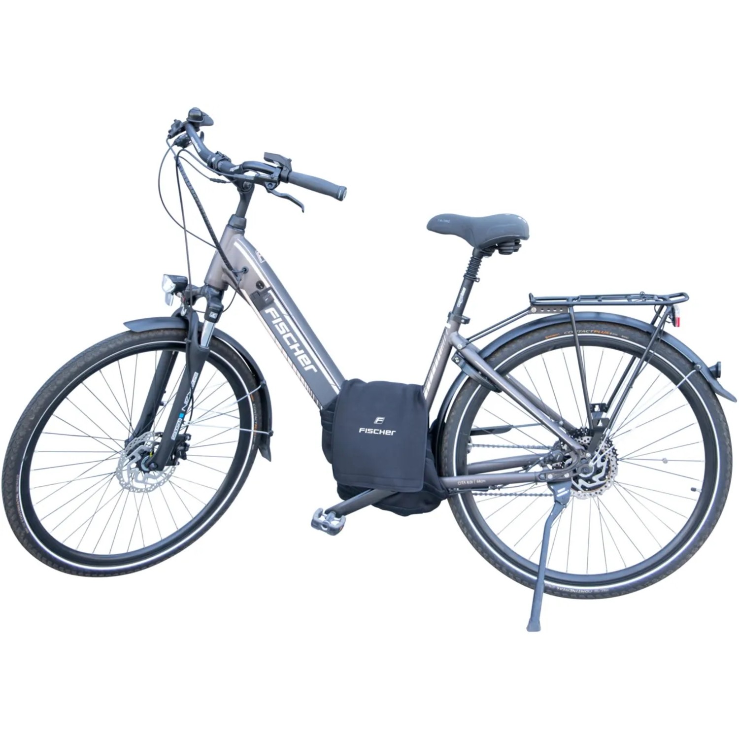 E-Bike mit montierter, schwarzer Fischer Schutzhülle für den Motor.