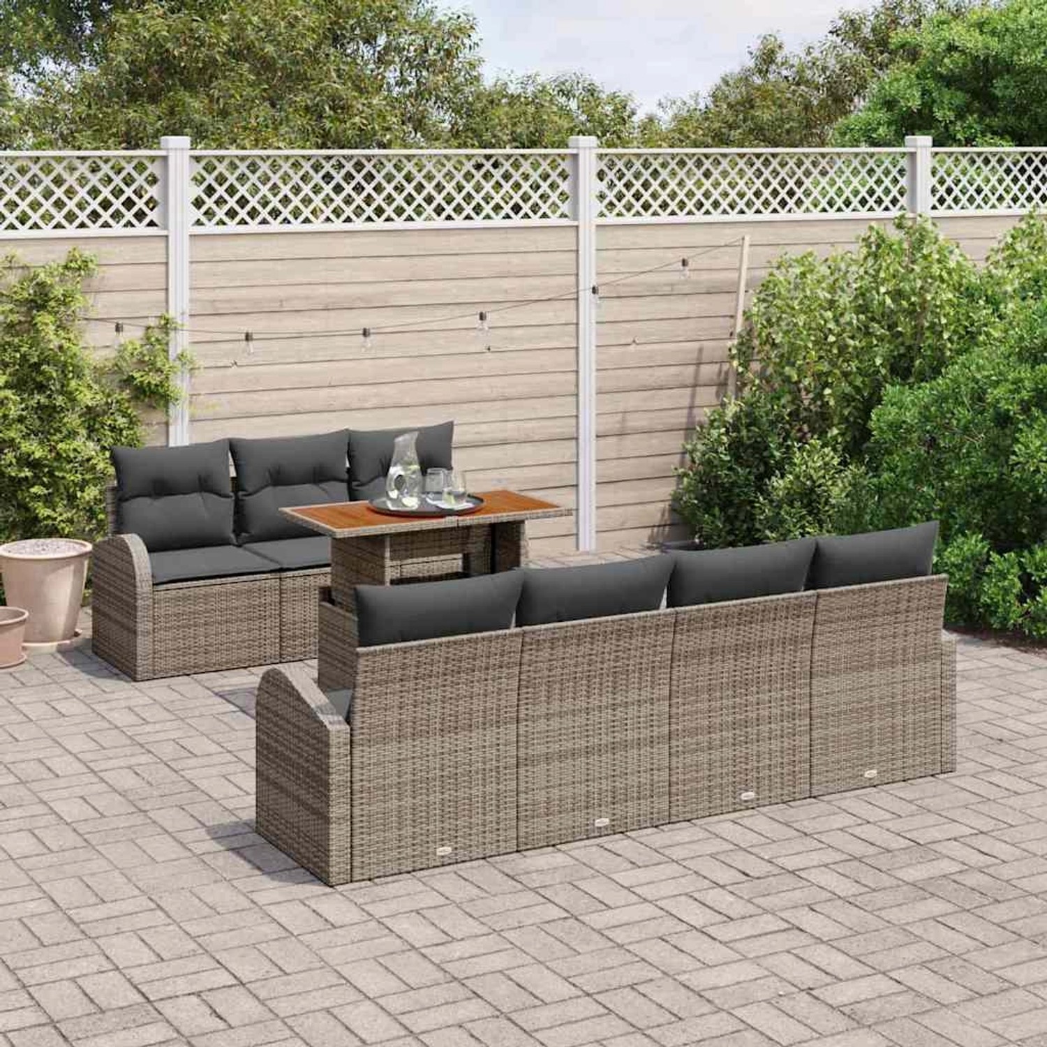 Graues 8-tlg. vidaXL Garten-Sofa-Set aus Poly Rattan mit Tisch und Stauraum.