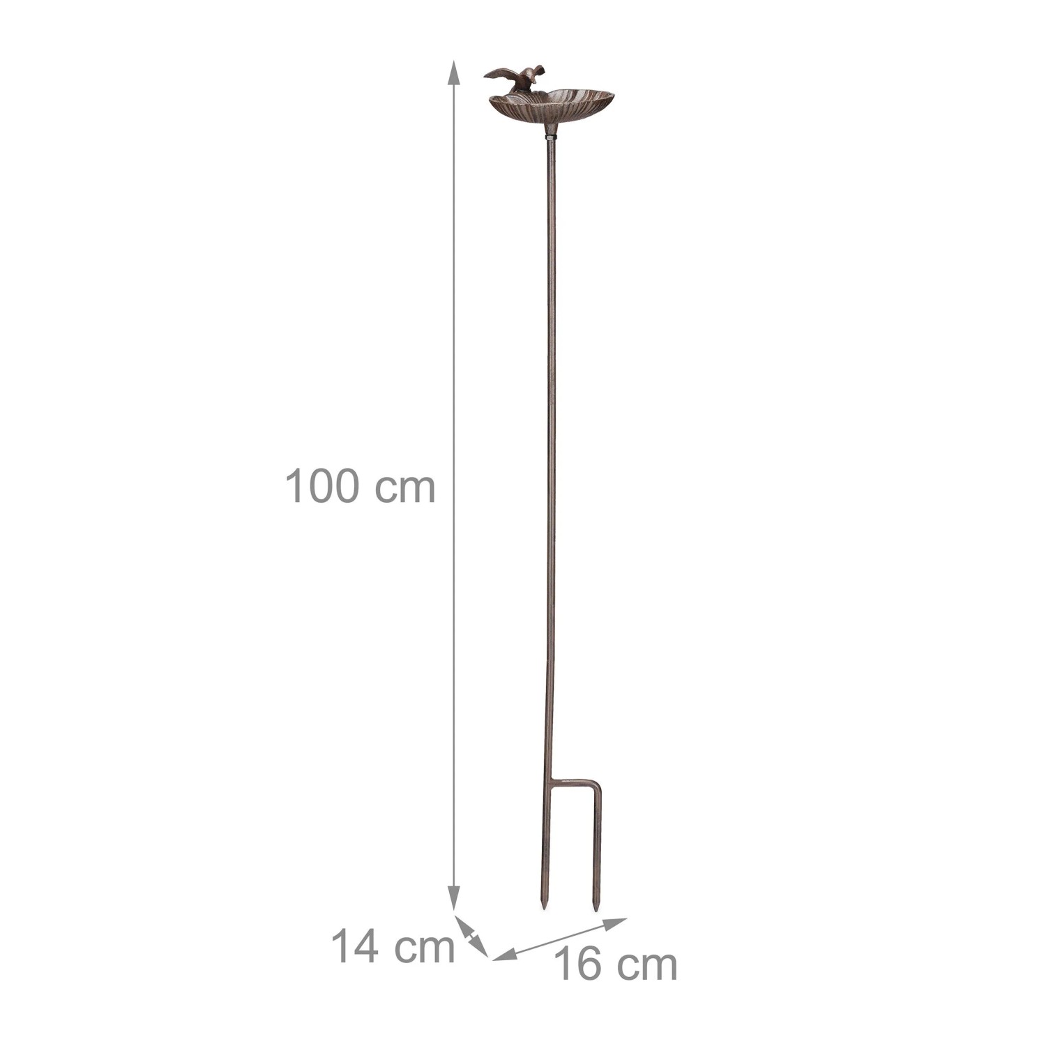 Braune Gusseisen Vogeltränke mit Erdspieß, 100 cm hoch, Muschelform und Vogel-Figur für den Garten.