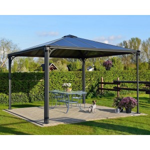 Anthrazitfarbener Palram Canopia Palermo Gartenpavillon 3.6x3.6 m mit LED und Gartentisch.