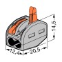 Grau-orange WAGO 222 2-polige Verbindungsklemme mit Hebeln und Maßen für Elektroinstallation.