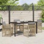 Beige 5-tlg. vidaXL Garten Essgruppe aus Poly Rattan mit Tisch und Stühlen mit grauen Kissen.