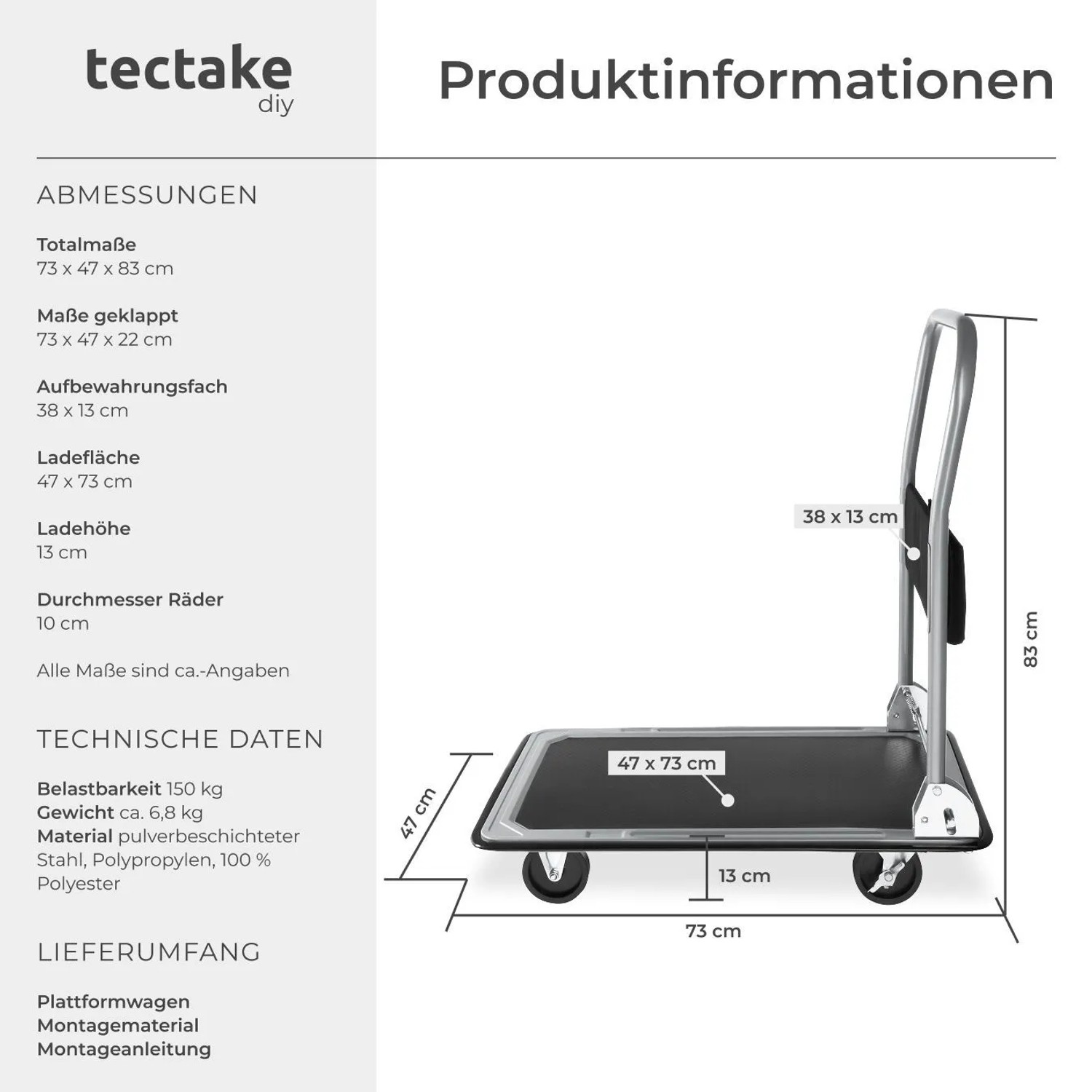 Tectake Plattformwagen  Klappbarer Handgriff Mit Aufbewahrungsfach 2 Block  und 2 Drehrollen  73 x 47 x 83 cm Schwarz_6