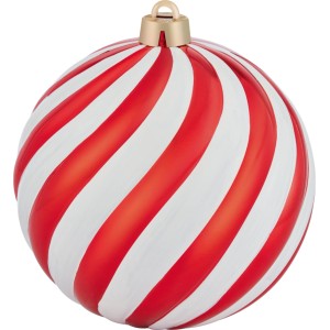 Rote und weiße gestreifte 14 cm Kunststoff Weihnachtskugel mit goldener Aufhängung. Christbaumschmuck.
