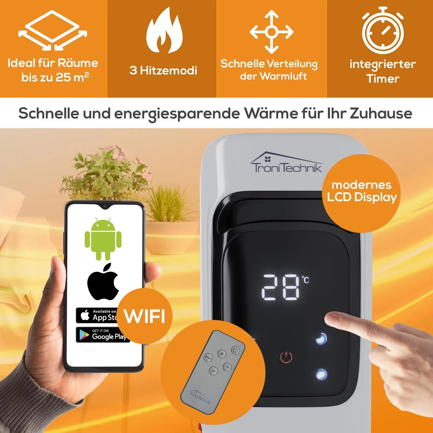 Weißer TroniTechnik Ölradiator TT OR 307 mit App-Steuerung, LCD und Fernbedienung.