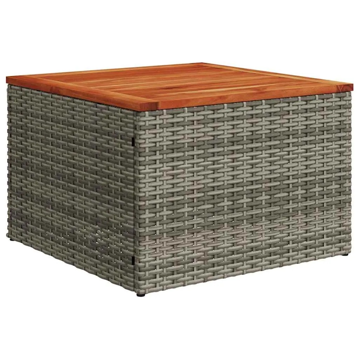 Quadratischer Gartentisch aus grauem Polyrattan mit Akazienholzplatte, Teil der vidaXL Sofagarnitur.