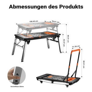 Wiltec 7In1 Werkbank als Tisch und Rollbrett, schwarz-orange. Zeigt Maße und höhenverstellbare Beine für Werkstatteinrichtung.