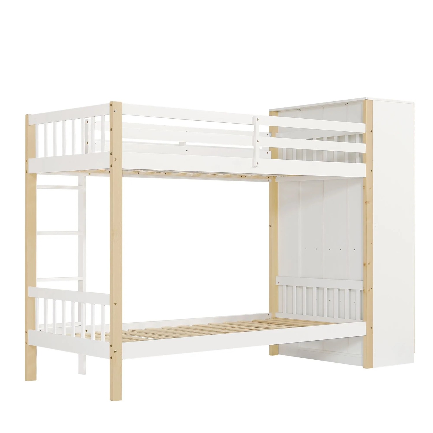 okwish Etagenbett 90x200cm mit Kleiderschrank und Regalen Kinderzimmer Weiß Natur ohne Matratze