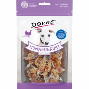 Dokas Hühnerbrust mit Fisch, 70g, Hunde-Snack mit Hühnchen und Anchovis im wiederverschließbaren Beutel.