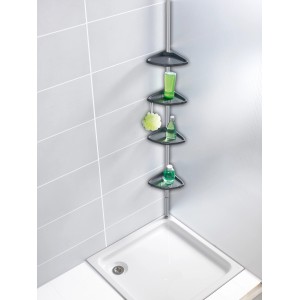 Wenko Teleskop-Duschecke Compact, silbernes Aluminium-Regal mit 4 Ablagen in der Dusche.