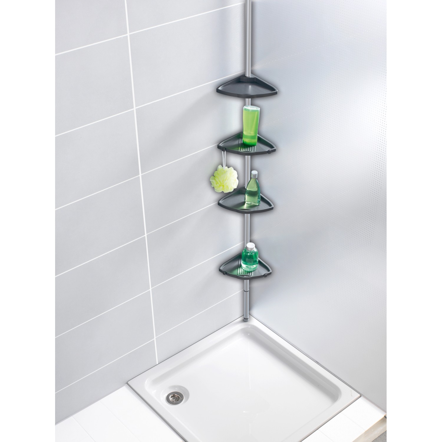 Wenko Teleskop-Duschecke Compact, silbernes Aluminium-Regal mit 4 Ablagen in der Dusche.