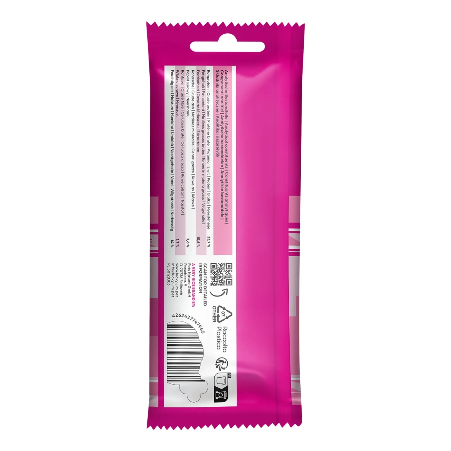 Lucky Jim Hunde-Belohnungssnack Gymies Lamm, 75g Packung in Pink.