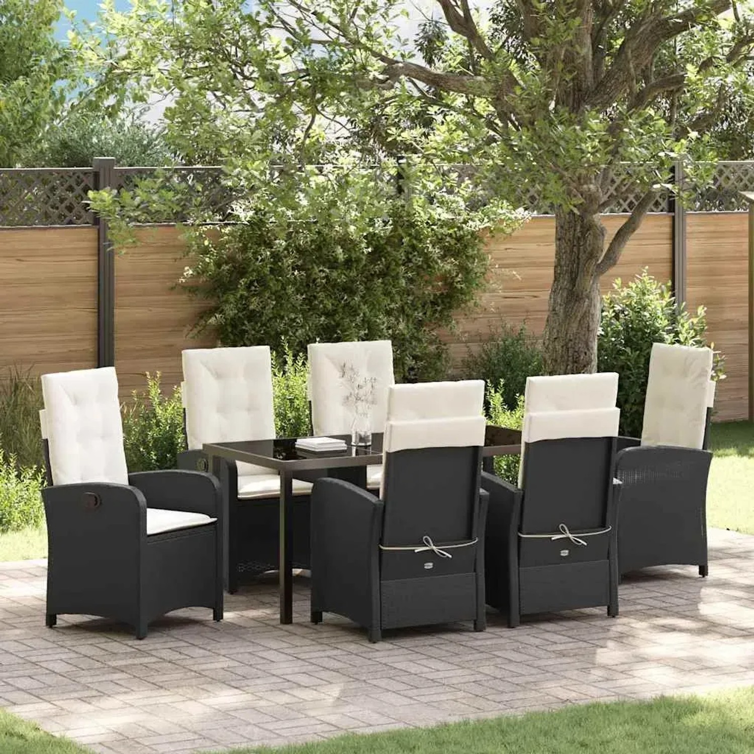vidaXL Garten Essgruppe, 7-teilig, schwarz, Poly Rattan. Gartentisch mit 6 Stühlen und cremefarbenen Auflagen.