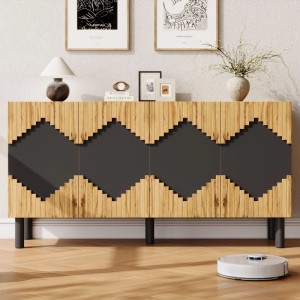 Modernes Merax Sideboard 140x70cm mit Rautenmuster in Holzfarbe und Schwarz. Griffloser Wohnzimmerschrank auf Metallfüßen.