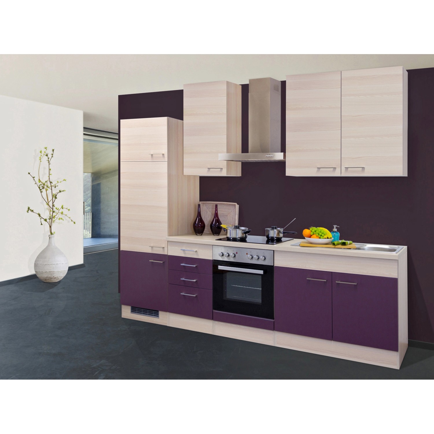 Flex-Well Exclusiv Küchenzeile/Küchenblock Focus 270 cm Akazie-Aubergine
