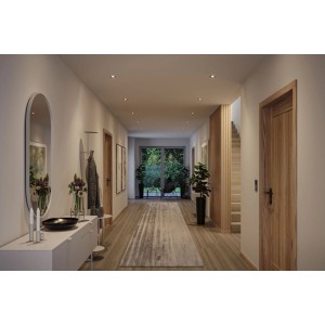 Paulmann LED Einbaustrahler Nova im 3er-Set, dimmbar, in modernem Flur mit warmweißem Licht für gemütliche Atmosphäre.