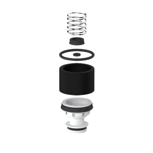 Delabie Service-Kit TEMPOFLUX: Zerlegte WC-Druckspüler-Kartusche mit Feder, Dichtungen, Ventil.