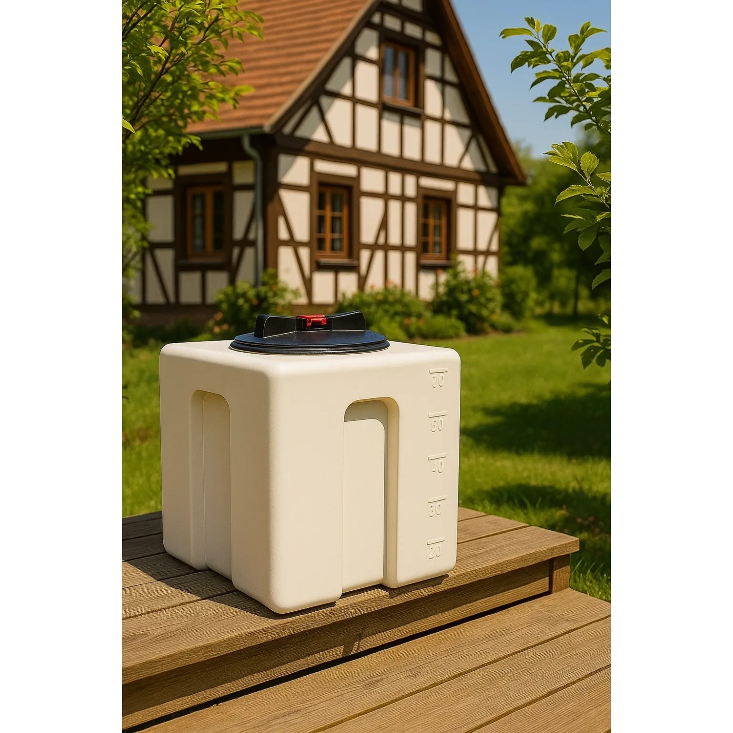 Weißer KMND 60L Kubus Trinkwasser Wassertank aus PE auf Holzterrasse im Garten. Ideal für Regenwasser & Camping.