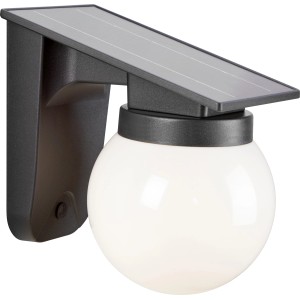 Schwarze Solar-LED-Wandleuchte mit Kugel-Lampenschirm für den Außenbereich.