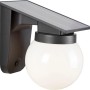 Schwarze Solar-LED-Wandleuchte mit Kugel-Lampenschirm für den Außenbereich.