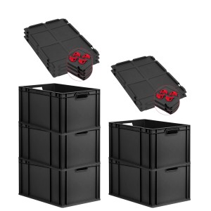 PROREGAL SparSet 5x Eurobox Nextgen Grip Mit Auflagedeckel Und Roten Verschlüssen HxBxT 32x40x60cm 65 Liter Schwarz Griffe Offen