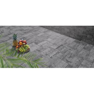 Diephaus Terrassenplatten Deanna Quarz Mehrformat, graue Steinoptik, verlegt auf einer Terrasse.