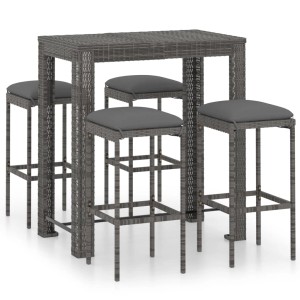 Graues 5-tlg. vidaXL Gartenbar-Set aus Polyrattan mit Tisch, 4 Hockern und Kissen.