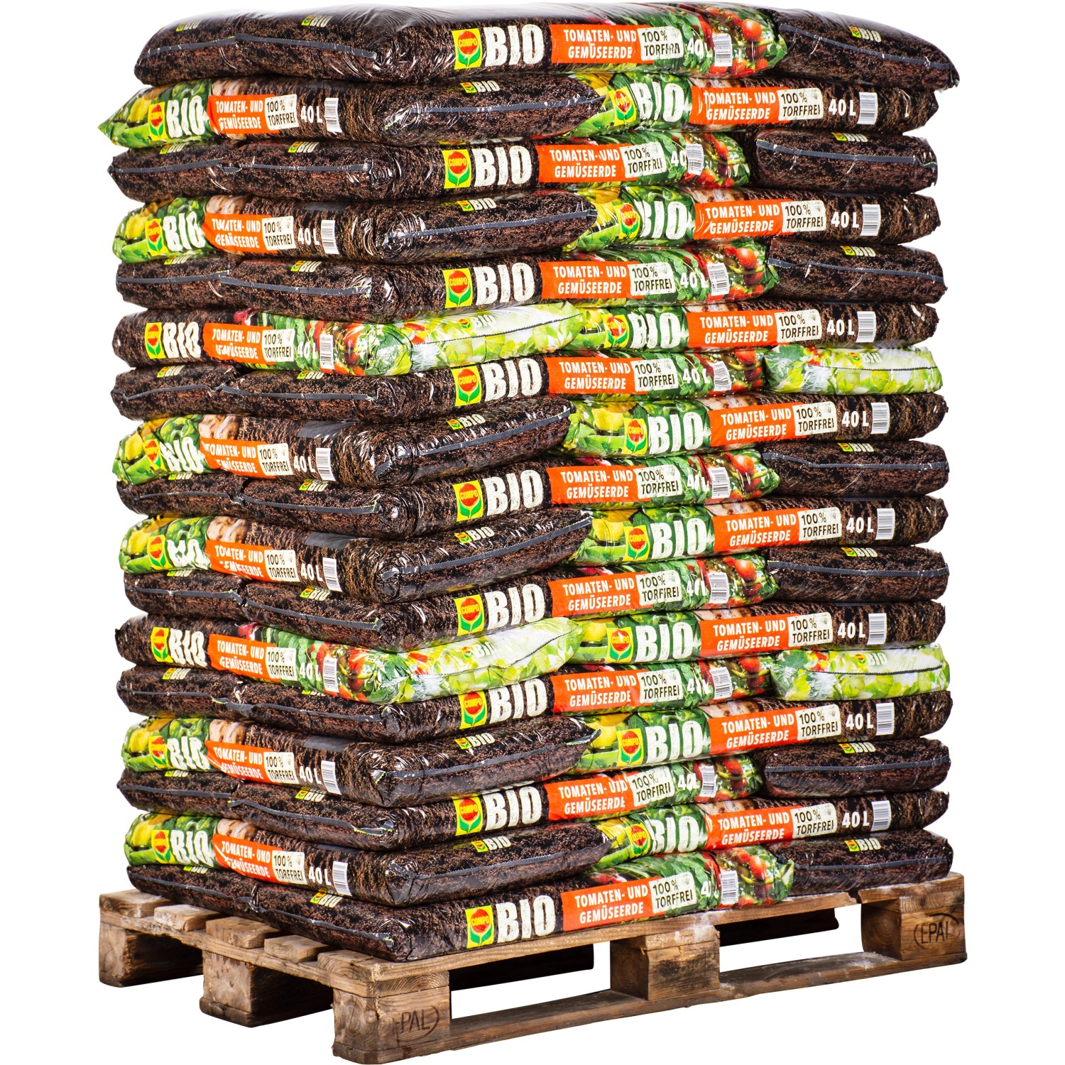 Palette Compo Bio Tomaten- und Gemüseerde, 51 Säcke à 40L, torffrei für gesundes Wachstum.
