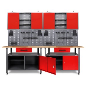 Ondis24 Werkbank Set Klaus, 240 cm, mit roten Schränken und Lochwand für die Werkstatt.