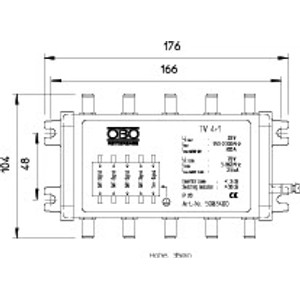 Techn. Zeichnung OBO Bettermann Koaxial Schutzgerät für SAT- & Kabel-Multiswitch, 176x104mm, F-Anschlüsse.