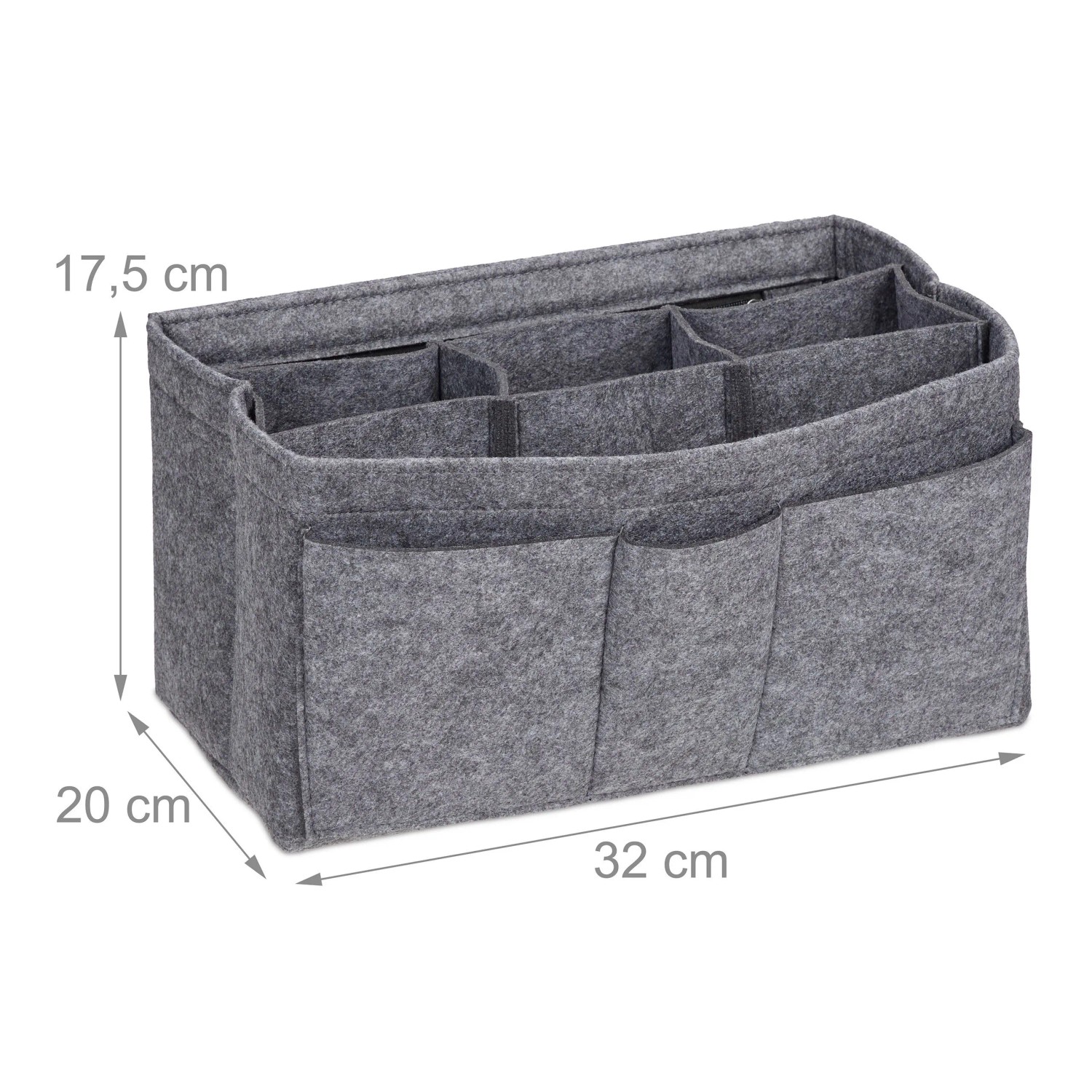 Dunkelgrauer Filz Handtaschenorganizer mit Fächern, 17,5x32x20 cm, für Ordnung in Taschen.