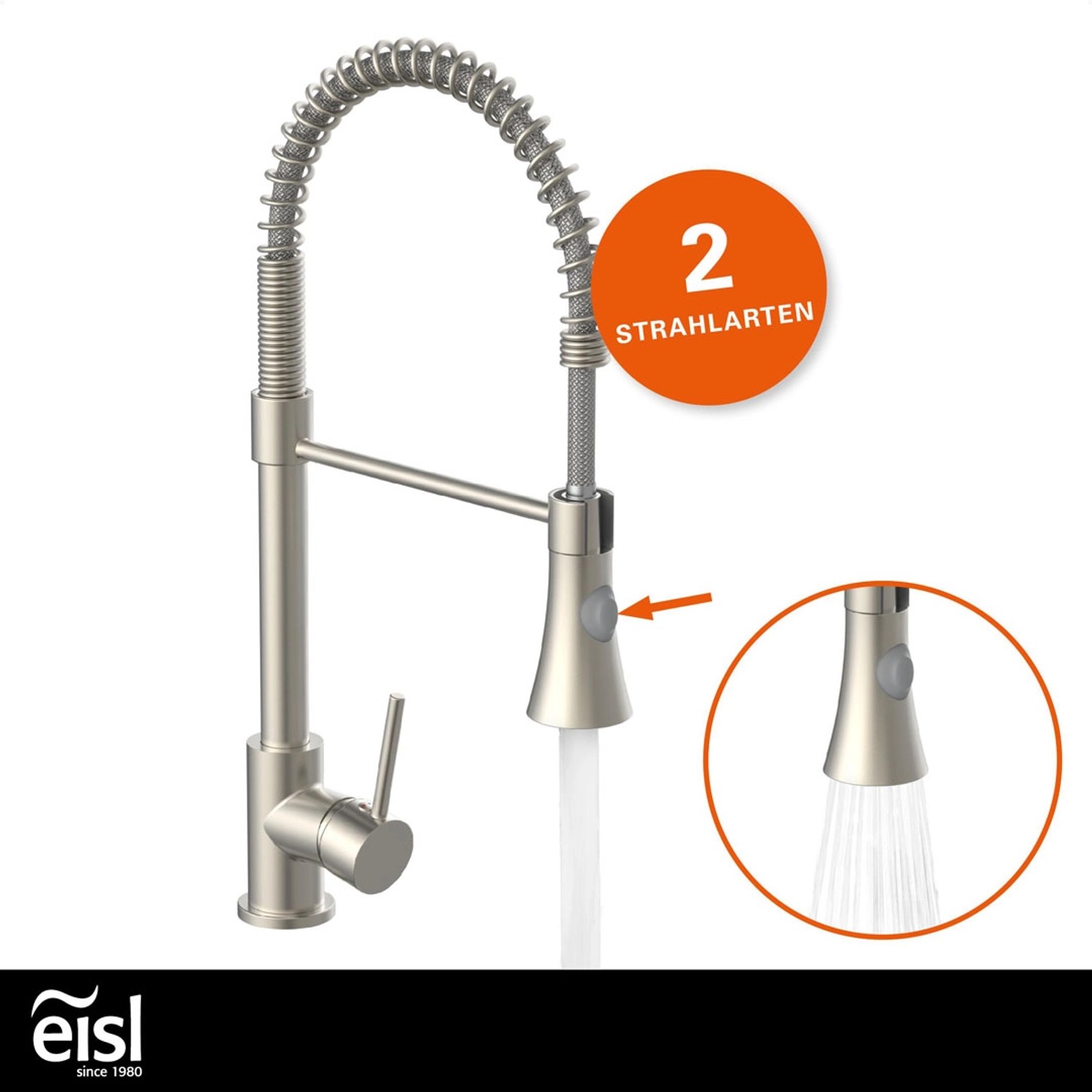 Eisl Spültischarmatur Leon mit Geschirrbrause in Edelstahloptik und zwei Strahlarten.