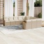 Beige 11-tlg. Garten-Sofagarnitur aus Poly Rattan mit cremefarbenen Kissen.
